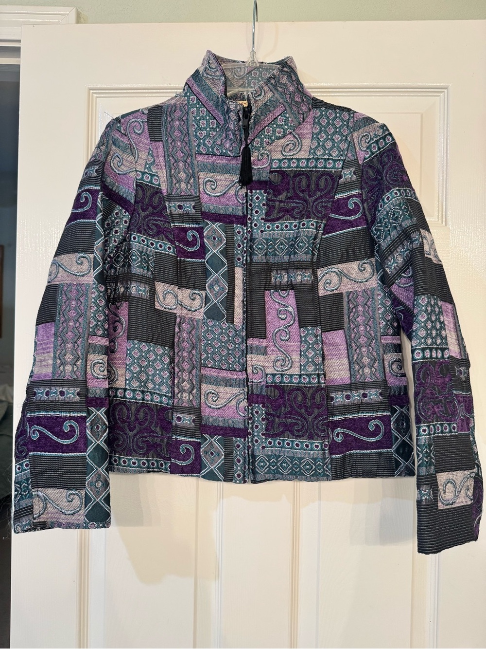 Women's Patchwork Zip-Front Jacket in Purple and Teal